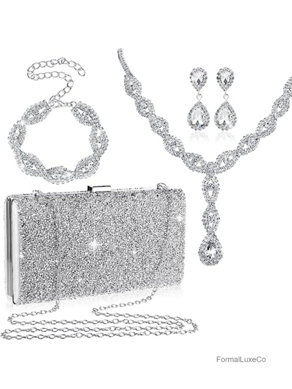 Women Rhinestone Jewelry Set with Clutch Purse Evening Party Gift